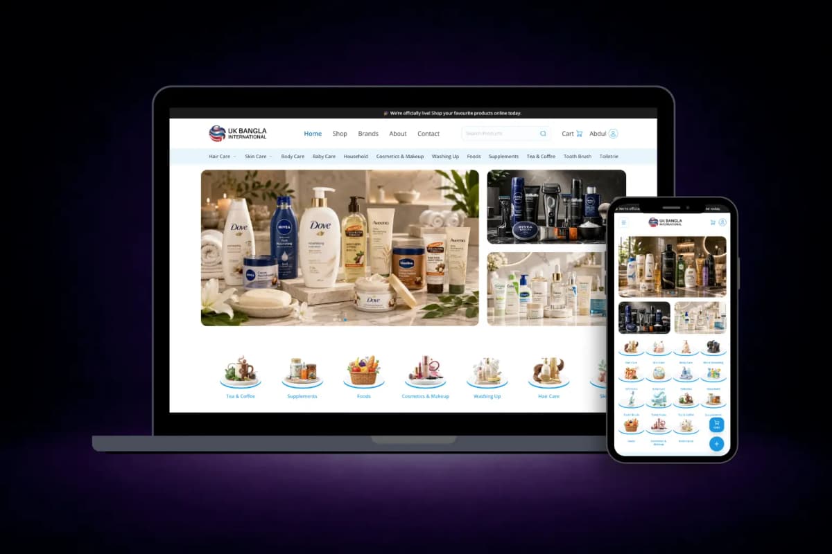 UK Bangla International e-commerce homepage and mobile shopping interface